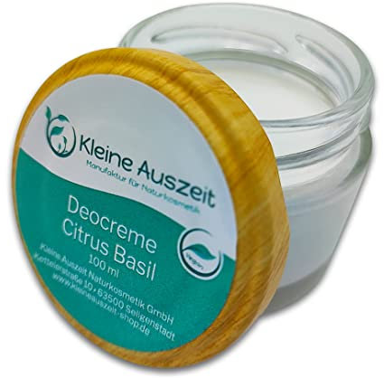 Kleine Auszeit Manufaktur, Deocreme Citrus Basil, hochwirksam ohne Aluminiumsalze oder Alkohol, vegan, palmölfrei und plastikfrei, 100 ml