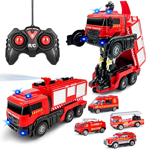 Grarain Remote Control Fire Truck with LED Sounds, RC Car Toy with 3pcs Small Firetrucks and 10pcs Roadblock Models, One Button Press Spraying Water Transformer Fire Truck for Kids Toddlers Boys