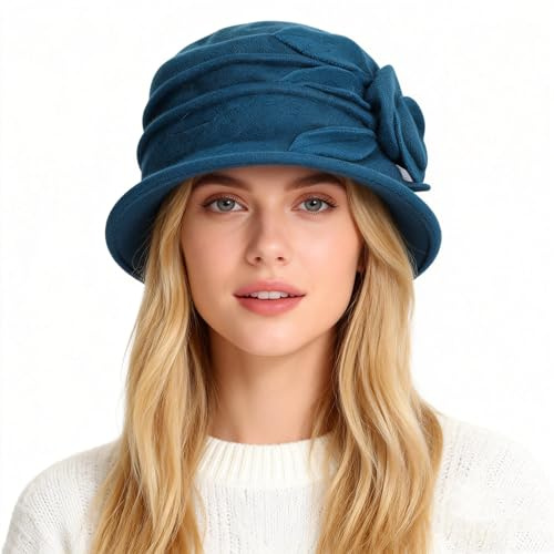 SIQITECH Wintermütze Damen Wollmütze mit Blume Eimer Hut Elastisch Fedora Hut Vintage Klassisch Fischermütze Warm Winterhut Winddicht Damenmütze Elegant Fischerhut für Outdoor Reisen Freizeit