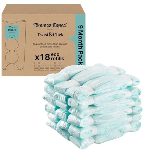 Tommee Tippee Twist & Click Nappy Bin Refills, Pack of 18, each 10.5 metres, Multilayer, Antibacterial* Film, Designed to Slot into Your Existing Twist & Click Nappy Bin Cassette (18 X 10.5m)