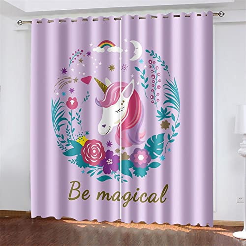 MTBDyyds Farbe Einhorn Blumig 150X166Cm Verdunkelungsvorhänge 3D Drucken Verdunklungsvorhänge Kinderzimmer 2 Stück Vorhang Blickdicht Ösenschal Kindergardinen Junge Verdunklungsgardine