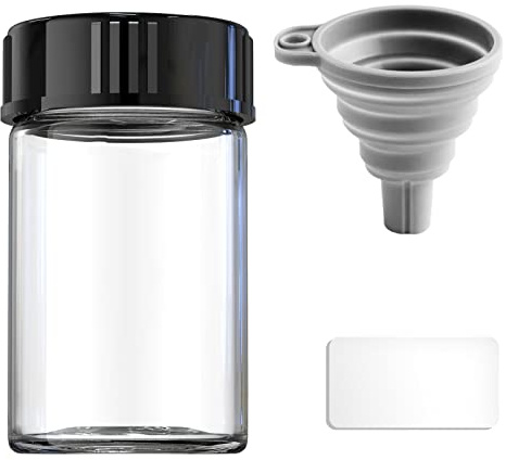 Glasprobenfläschchen, breite Öffnung, Glasflasche Boro 3.3 mit schwarzem Kappe für Labor, Reagenzien, DIY-Bastelfläschchen mit Aufkleber und Trichter (30mm,20 ml, 8 Stück)