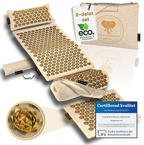 CALM ELEPHANT ORIGINAL® Esterilla de Acupresión con Cojín XXL Set ULTIMATE 6 Piezas, Masaje Espalda, Libera Tensiones, Cojín con Calor, Soporte Lumbar y Rodillas, Esterilla Pies - Beige