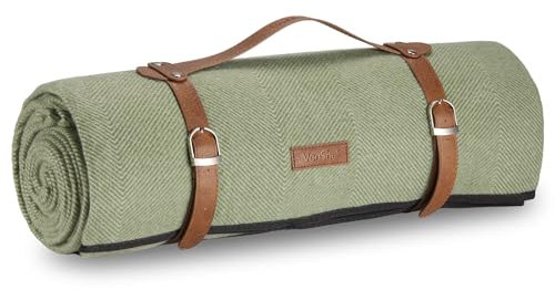 VonShef Picnic Blanket, Green Herringbone Large Outdoor Rug with Waterproof Backing, 8 Person Weatherproof Picnic Mat with Faux Leather Handle, Water Resistant Camping Accessories, 200x220cm