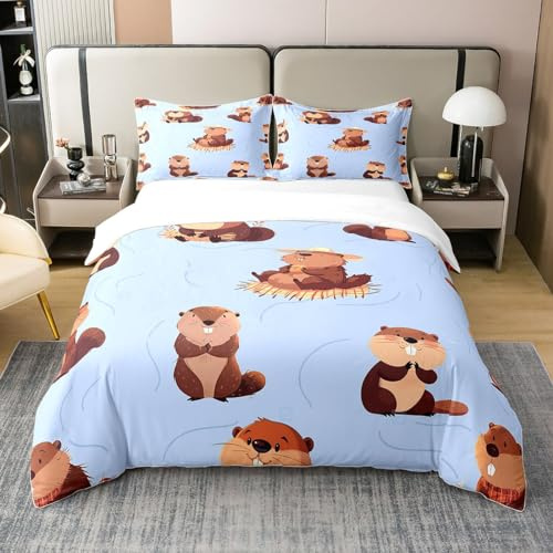 Cartoon Beavers Bedding Set Cute Wild Animals Duvet Cover Set Rustic Style Beavers Comforter Cover Brown Blue Bedspread Cover Bedroom Quilt Cover Twin 100% Cotton,No Comforter