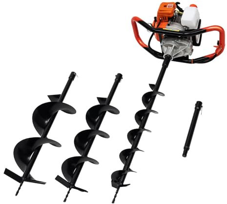 Tenddya 52CC Benzin Erdbohrer Set, 2-Takt 2.4PS Motor Gartenbohrer Pfahlbohrer Handheld Erdbohrer Erdbohrgerät mit 3 Bohrschnecken 4 6 8 Bohrer