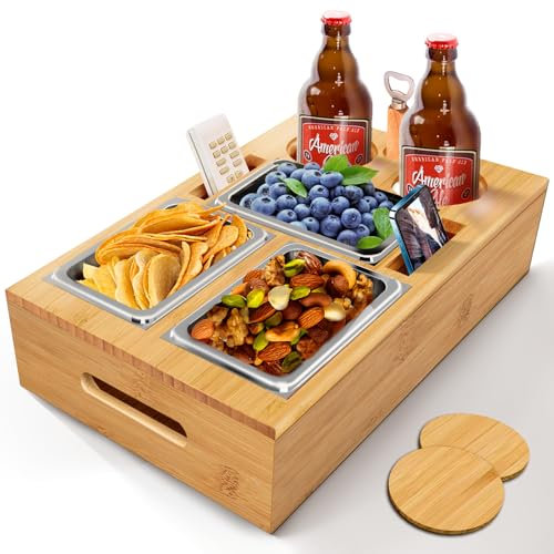 TFSZE Couchbar Snackbox,Organizer Tablett,Mit Snackschalen Aus Edelstahl,mit Abnehmbarer Deckel,Snackschale und Weinglashalter,Couch Bar mit Getränkehalter,Snackbox mit Fächern