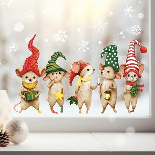 Wandtattoo Loft Fensterbilder Weihnachten mit 5 Mäusen und Schneeflocken – Wiederverwendbar – A4 Bogen, 28 Sticker – Weihnachstdeko Fenster Kinderzimmer, Weihnachtsbilder Fenster, Fensterbild Winter