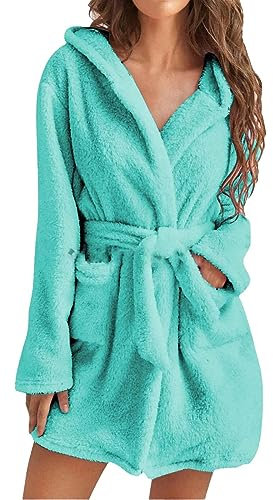 Kurzer Damen-Bademantel aus Fleece, einfarbig, weicher Plüsch-Bademantel, leicht, gemütlich, warm, Winter-Bademantel für Damen, entspannte Passform, Lounge-Robe, unverzichtbare Homewear, grün, L