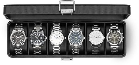 Vlando Uhrenbox Herren, 6 Uhren Uhrenkasten Leder, abschließbarer Uhrenkoffer mit Glasdeckel, Watch Box Uhrenaufbewahrung mit PU Uhrenkissen, Geschenk für Väter, Ehemann, Freund, Schwarz