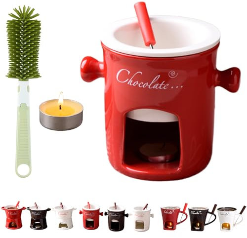 Vgpbphj Fondue Cup, Mini Ceramic Chocolate Melting Pot Set with Forks, Individual Fondue Mug, Personal Butter Warmer, Gift Set for Birthdays & Special Occasions (Red-B)