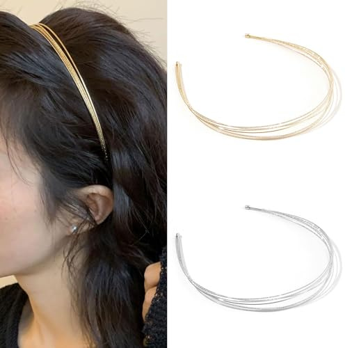 Mezrkuwr 2 Stück mehrlagige Metall-Stirnbänder für Damen, modisches, dünnes Stirnband, geschichtet, elegante Haarbänder, Kopfbedeckung, Haarschmuck für Mädchen, Silber+Gold