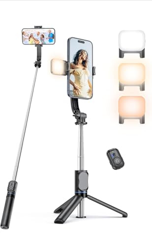 Carolain.170cm Trípode con luz LED para Móvil, Palo Selfie Tripode con Control Remoto Desmontable para Teléfono Móvil, Soporte de Trípode de Teléfono Compatible con iPhone/Samsung/GoPro/Cámara
