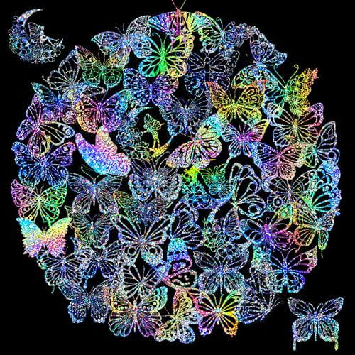 DiiWmme 100PCS Holographic Butterfly Stickers, Waterproof Glitter Transparent Decals for Scrapbooking, Journals, Laptops, Water Bottles – Ideal for Gifts, DIY Crafts and Holiday Decorations