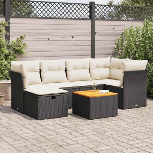 QJBSAVVA 7-TLG. Schwarze Garten-Sofagarnitur aus Poly-Rattan mit Akazienholz-Tisch modulares Balkonmöbel-Set mit Stauraum und wasserabweisenden Bezügen für Garten Terrasse und kleinen Balkon
