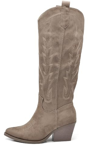 IF Stivali Texani Donna Alti Sotto il Ginocchio in Camoscio Sintetico Stile Western Cowboy J35 khaki N.39