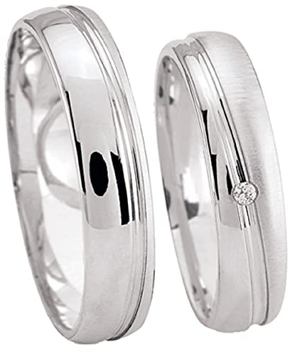 JC Trauringe 925er Sterling Silber Paar-Preis I Ehe-Ringe inkl. kostenloser Gravur I Verlobungsringe 4,5 mm breit inkl. Etui I Herren-Ring ohne & Damen-Ring mit 1 Zirkonia-Stein I Gr. 48 bis 72 I S059