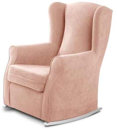 SUEÑOS ZZZ - Sillón orejero balancín Irene, orejero de lactancia tapizado en tela anti-manchas color Salmón con balancín lacado en color blanco. Mecedora para dormitorio o salón