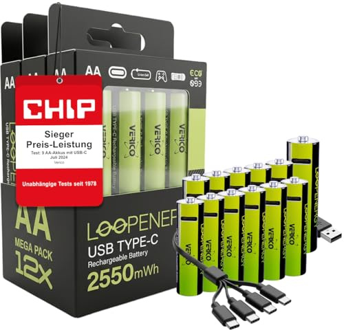 [Preis-LEISTUNGSSIEGER*] 12er Set: VERICO LoopEnergy Pack AA wiederaufladbare Batterien, Lithium Akku Batterie wiederaufladbar, aufladbareset Battery mit Type A auf 4X USB C Ladekabel, aufladbar