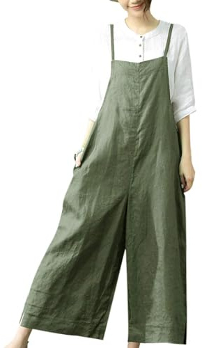 YESNO Women Wide Leg Dungarees Summer Cotton Baggy Jumpsuits with Pockets | Adjustable Shoulder Straps, Side Hem Slits, Loose Casual Fit for Beach Travel Carnival Daily Weekend Outfits