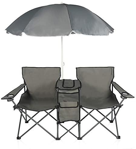 DOALBUN Double Folding Camping Chair W/Umbrella Fold Up Table Beverage Holder Carrying Bag Cooler for Patio Pool Park Outdoor Beach, Picnic, Portable (Grey)