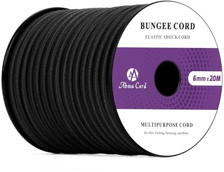 Abma Cord Gummirep 6mm 20M Elastisk Sladd Spännrep Elastiskt Rep Expanderrep för Presenning, Släpvagn, Ryggsäck, Tältstång, Kajak - Svart