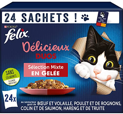 FELIX Köstliche Duos | In Gelee | ausgewachsene Katze | Gemischte Auswahl: Rind und Geflügel, Huhn und Nieren, Colin und Lachs, Hering und Forelle | Frischebeutel | 4 Stück (24 x 85 g)