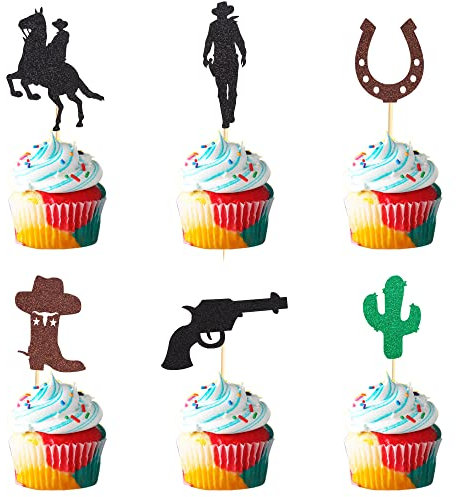 Arthsdite 24 Stück Cowboy Cupcake Topper Glitzer Hufeisen Cowboy Hüte Stiefel Pistole Kaktus Cupcake Picks Western Cowboy Thema Babyparty Geburtstag Party Kuchen Dekorationen Supplies