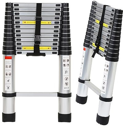 Tubiaz - Scala telescopica in alluminio, blocco di sicurezza su più gradini, allungabile, antiscivolo, multiuso, carico massimo 150 kg, 3,8 m