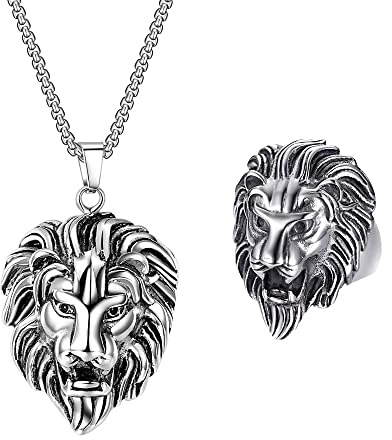 JKJF Testa di Leone Collana Anelli Set Testa di Leone Ciondolo Collana Hip Hop Catena Collana Per uomini donne Mardi Gras Party Cosplay Accessori - Argento