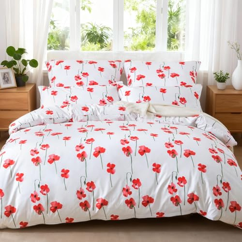 HENGWEI Warm Bettwäsche 135x200 2teilig Set Oeko-TEX Zertifiziert, Extraweiches Bettwäsche-Sets für Einzelbett Hochwertiges Microfaser Bettbezug mit Kissenbezug 80x80cm, Kleine Rote Blume