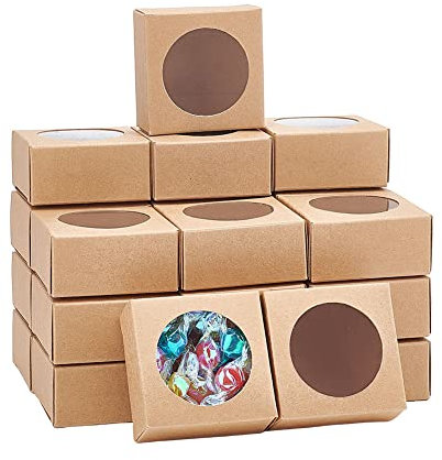 nbeads 24 Stück Kraftpapierboxen Mit Fenster 6.3x6.3x3cm, Braune Box Rundes Fenster Box Wiederverwendbar Leckerli-Box Für Geschenk Schmuck