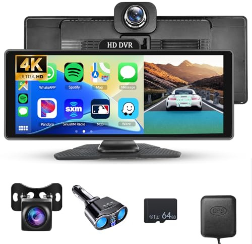 4K Schermo Carplay Autoradio Android Auto Portatile Dash Cam con GPS ADAS Monitor 10,26 Pollici IPS Touch Screen Bluetooth Wifi Telecamera Anteriore e Posteriore 1440P, Registrazione, FM/AUX in