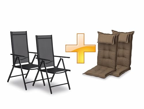 sunnypillow 2er Set Gartenstühle und Gartenstuhlauflagen Hochlehner | 120x50x9 cm Hochlehner Auflage wasserdicht UV-lichtecht | Klappsessel Klappstuhl für Garten Polsterauflagen Stuhlauflage | Braun