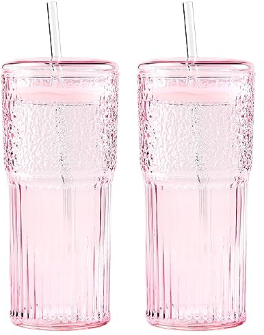 GOSCHE Glass Cup with Lid and Straw, 590 ml/20 oz Iced Coffee Cups, Vintage Ripple Glassware, Wide Mouth Glass Tumbler with Straw for Water Coffee Tea 2 PCS, Pink