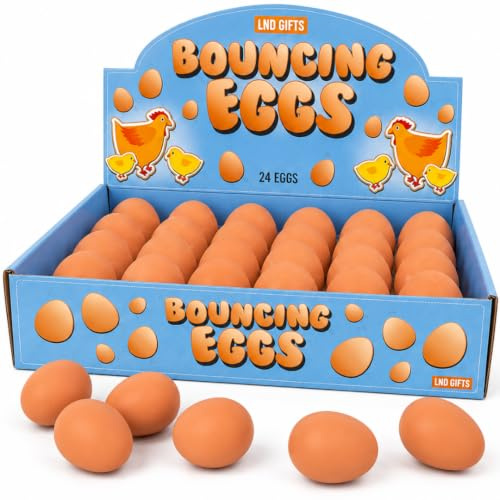 24 Bouncy Eggs for Kids, Rubber Egg and Spoon Race Sports Day Games | 24 fake rubber eggs with display box for Easter hunts, school races, party games, novelty pranks and bouncing fun