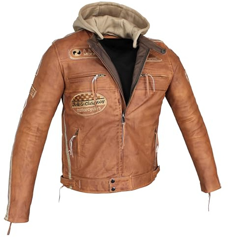 EURO STARS Herren Motorrad Lederjacek Biker Jacke mit Kapuze und Protektoren Custom Leder Jacke Bike Leatherjacket (DE/NL/SE/PL, Alphanumerisch, XL, Regular, Regular, Braun)