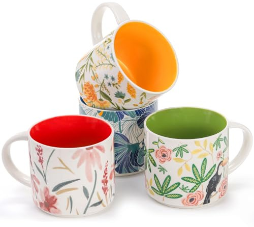 Frcctre Set of 4 Ceramic Coffee Mug Set, Large 15 Ounce Ceramic Tea Cup with Handle, Vintage Hand Painted Floral Porcelain Mug Colorful Restaurant Mug for Coffee, Tea, Milk, Hot Cocoa