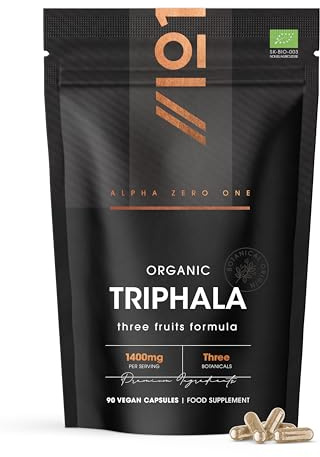 Organic Triphala 1400mg - 90 Vegan Capsules – Potent Three Fruits Formula Supplement (Phyllanthus Emblica, Terminalia Bellirica & Terminalia Chebula) - By Alpha01