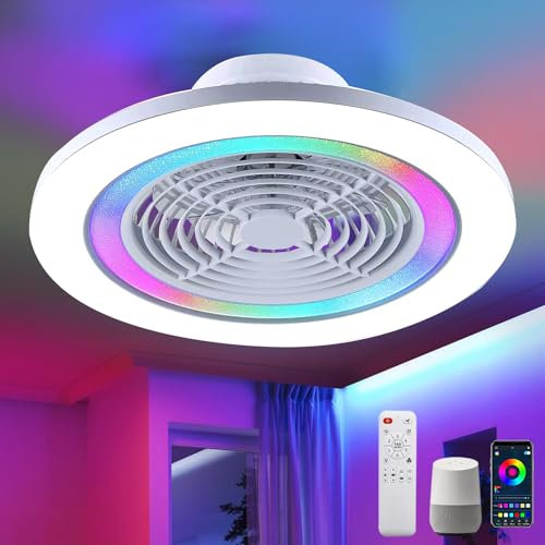 RGB Deckenventilator mit Beleuchtung und APP LED Dimmbar Deckenlampe mit Ventilator Modern Schlafzimmer Leise Ventilator Deckenleuchte für Wohnzimmer Kinderzimmer Kompatibel Alexa und Google Assistant