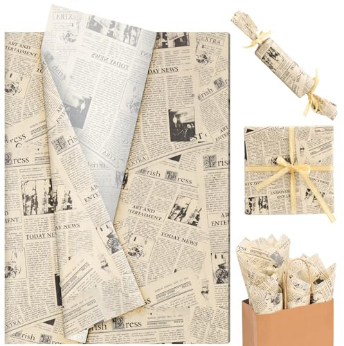 100 Sheet Vintage Newspaper Tissue Paper, Black 20x14in Old Newsprint Gift Wrapping Paper Retro Kraft Magazine Art Craft Newsprint Tissue for Valentine Wedding Birthday Party Decor Gift Crafts