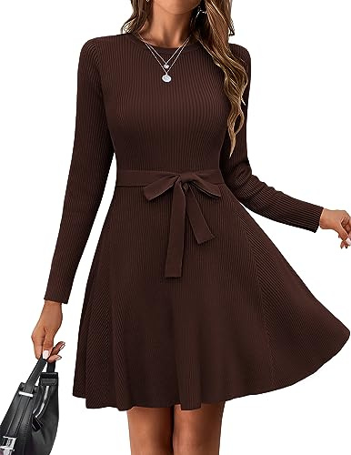 Hotouch Abito in Maglia Donna Invernale Maniche Lunghe Girocollo Abito Midi Elegante Abito Invernale con Cintura Linea ad A Abito Maglione per Autunno e Inverno Marrone S