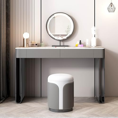 Ernqi Schminktisch mit LED-Spiegelbeleuchtung, Schieferoberfläche, Massivholzrahmen, Schubladenaufbewahrung, Schminktisch mit Stuhl, Make-up-Tisch, perfekt für Schlafzimmer (Gray,D_39.4IN)