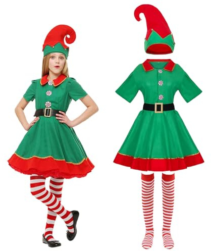 UieaMsio Elfen Kostüm Weihnachtenelf Kostüm Weihnachtself Kostüm Kinder Weihnachtselfen Set Damen Perfekt Für Weihnachtsfeiern, Familienfeste & Cosplay, Vielseitige Größen-120cm (120CM)