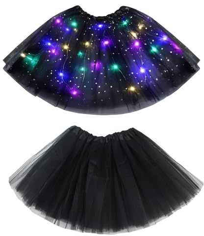 Tulle Tutu Black Skirts for Women 2 PCS LED Light up Colorful Luminous Star Sequins Tutu Princess Skirts Adult Teen Elastic Fluffy Ballet Skirt Dance Festival Halloween Parties Fancy Dress Costume