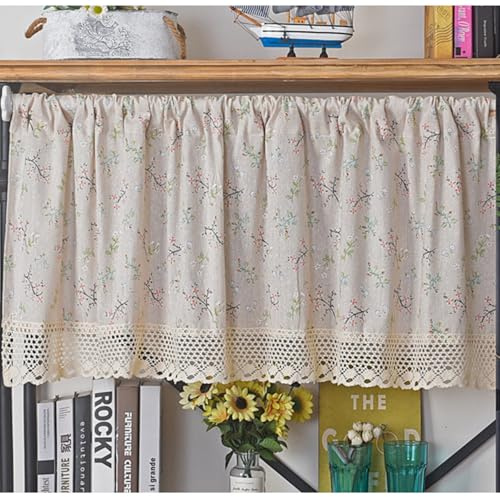Lirzxin Scheibengardinen, Bistrogardine Halbtransparente Fenster Gardinen mit Haken Blumen Zweige mit Spitzerand Polyester Baumwolle Vorhänge für Wohnzimmer Küchen, 150x60CM, Beige