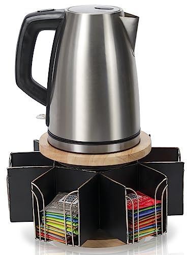 Made Easy Kit Metal Carousel Tea Bag Organizer & Kettle Stand Caddy- Modern Countertop Storage Solution for Tea Bags - Convenience for Home, Office, Kitchen (Black)
