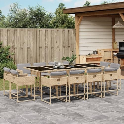 Somanki 13-TLG. Garten-Essgruppe mit Kissen Beigemischung Poly Rattan, Esstisch Mit Stühlen Set, Gartenmöbel Sitzgruppe, Balkon Möbel, Gartenlounge Set, Terrassenmöbel, Balkonmöbel Set - 3278171