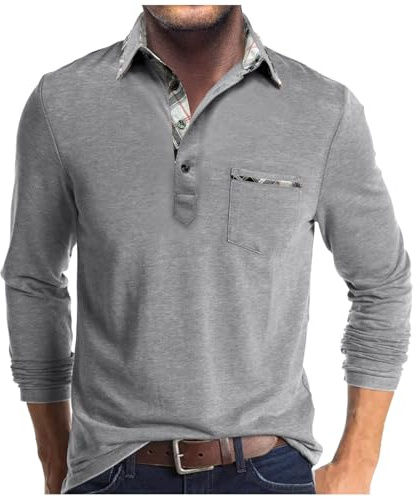 Poloshirt Herren Langarm Shirt Basic Baumwolle Langarmshirt mit Knopfleiste Mode Longsleeve Polohemd mit Brusttasche Leichte Sommershirt Regular Fit Polo Shirt Lässig Longshirt Einfarbige Oberteile