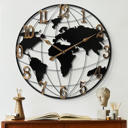 Mee 2ou Large Round Metal World Map Clock - 16 Inch Minimalist Modern Silent Non-Ticking Battery Operated Wall Clock for Living Room, Kitchen, Office, Farmhouse Home Decor